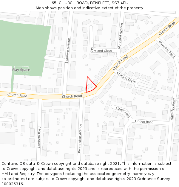 65, CHURCH ROAD, BENFLEET, SS7 4EU: Location map and indicative extent of plot