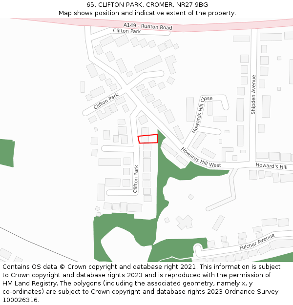 65, CLIFTON PARK, CROMER, NR27 9BG: Location map and indicative extent of plot