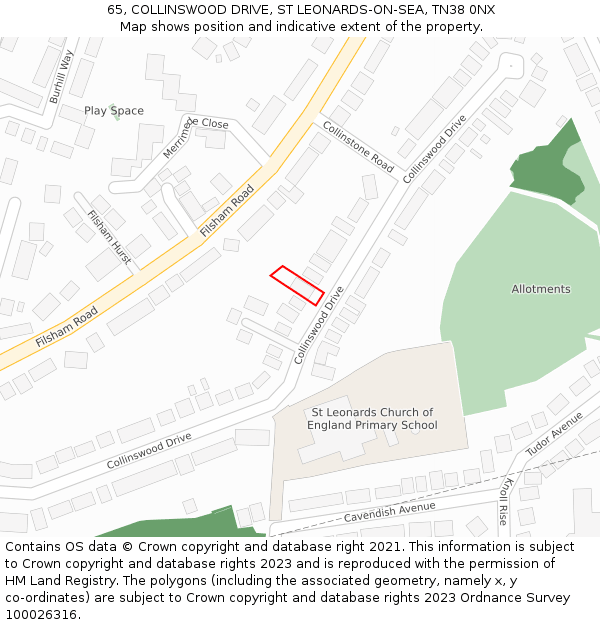 65, COLLINSWOOD DRIVE, ST LEONARDS-ON-SEA, TN38 0NX: Location map and indicative extent of plot