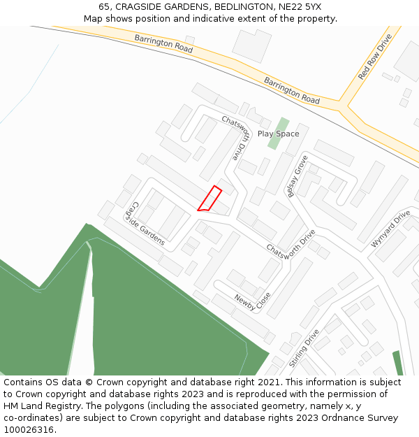 65, CRAGSIDE GARDENS, BEDLINGTON, NE22 5YX: Location map and indicative extent of plot