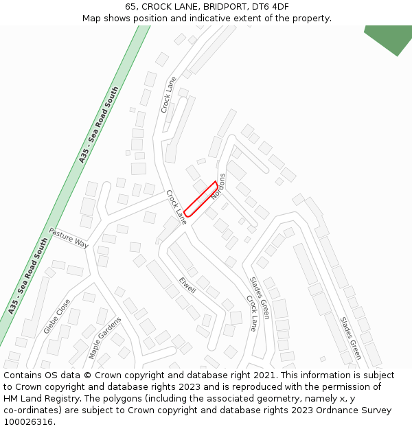 65, CROCK LANE, BRIDPORT, DT6 4DF: Location map and indicative extent of plot