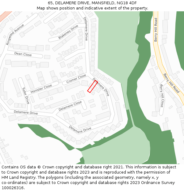 65, DELAMERE DRIVE, MANSFIELD, NG18 4DF: Location map and indicative extent of plot