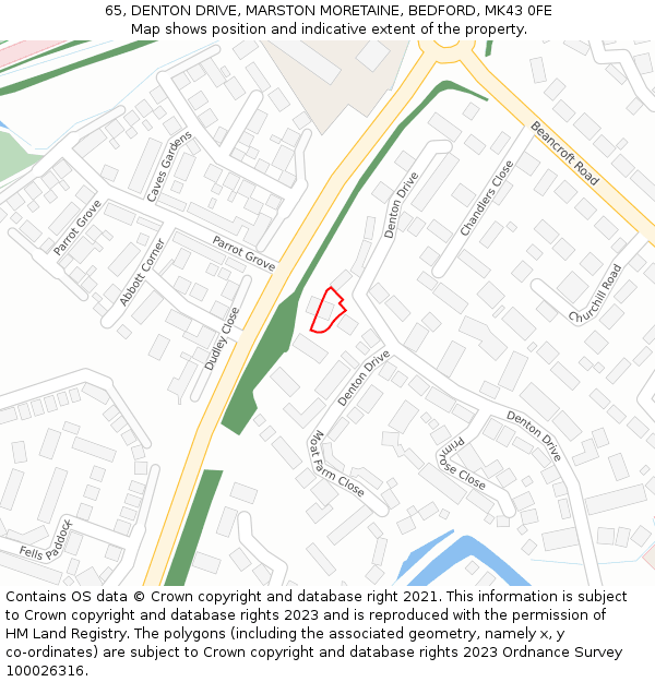 65, DENTON DRIVE, MARSTON MORETAINE, BEDFORD, MK43 0FE: Location map and indicative extent of plot