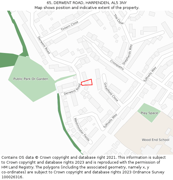 65, DERWENT ROAD, HARPENDEN, AL5 3NY: Location map and indicative extent of plot