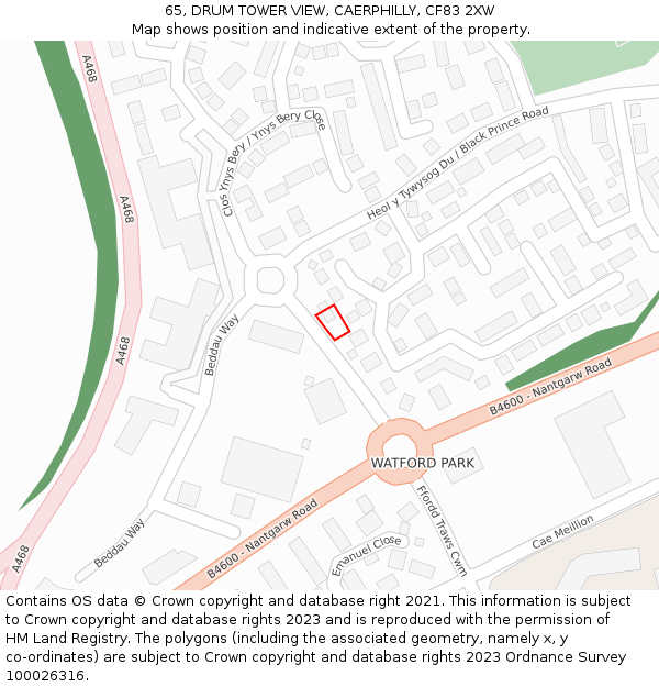 65, DRUM TOWER VIEW, CAERPHILLY, CF83 2XW: Location map and indicative extent of plot