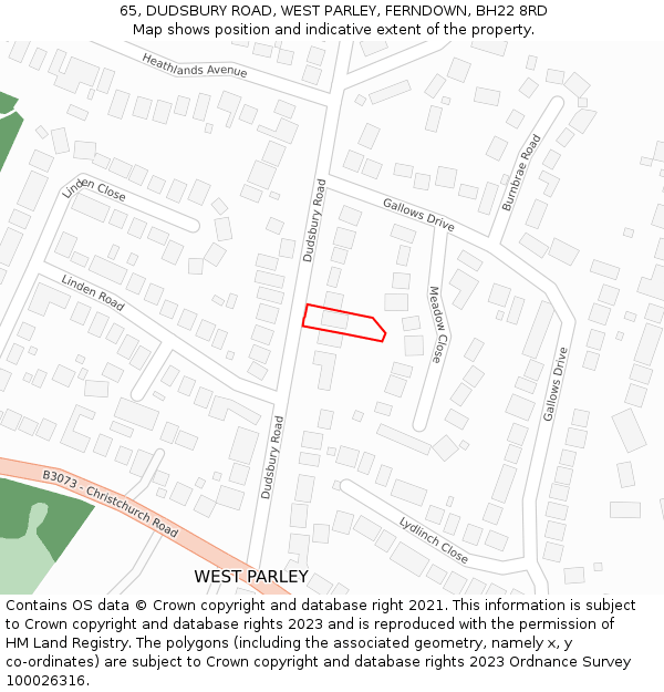 65, DUDSBURY ROAD, WEST PARLEY, FERNDOWN, BH22 8RD: Location map and indicative extent of plot