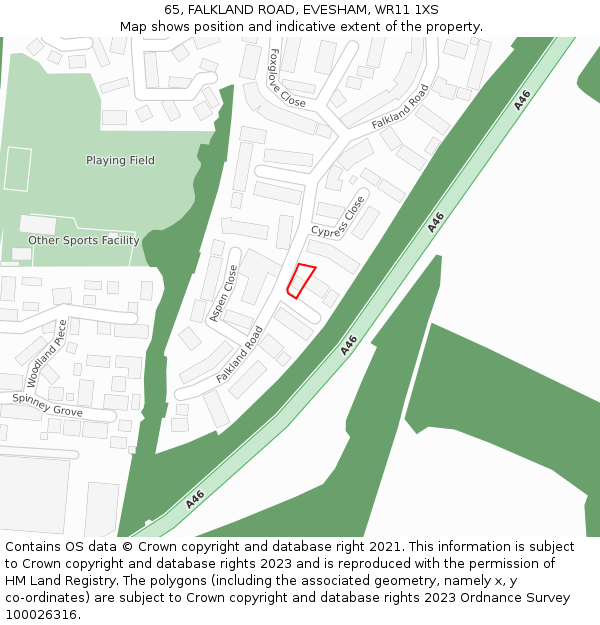 65, FALKLAND ROAD, EVESHAM, WR11 1XS: Location map and indicative extent of plot