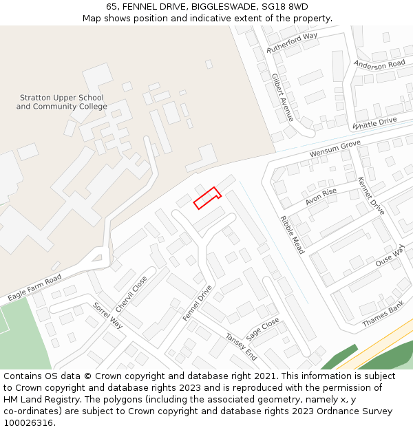 65, FENNEL DRIVE, BIGGLESWADE, SG18 8WD: Location map and indicative extent of plot