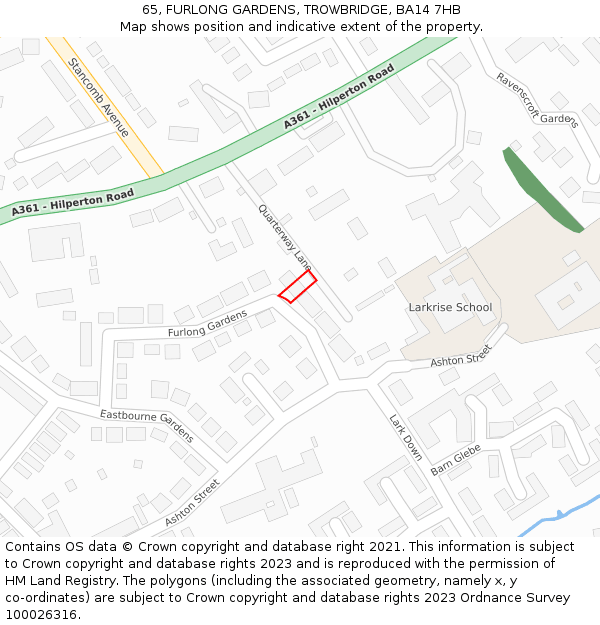 65, FURLONG GARDENS, TROWBRIDGE, BA14 7HB: Location map and indicative extent of plot