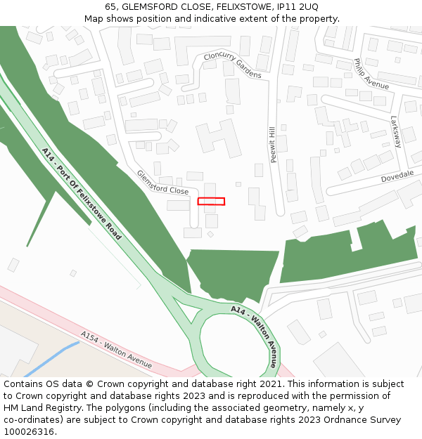 65, GLEMSFORD CLOSE, FELIXSTOWE, IP11 2UQ: Location map and indicative extent of plot