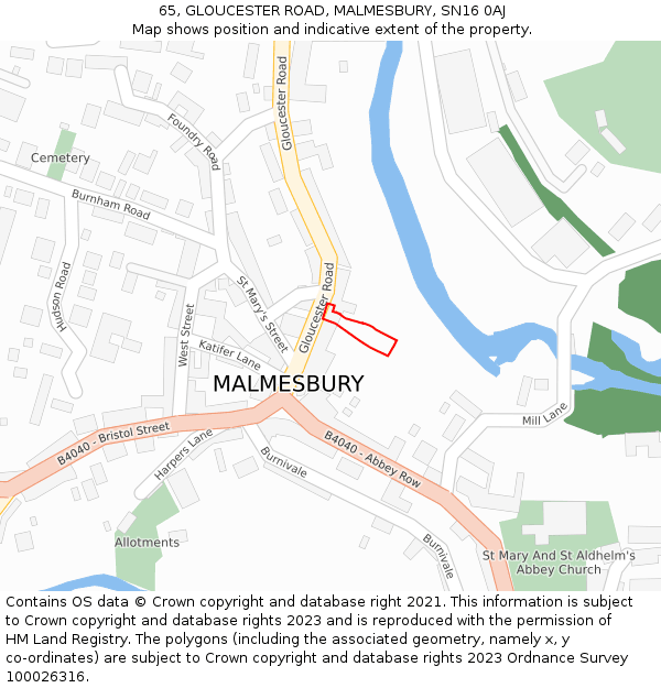 65, GLOUCESTER ROAD, MALMESBURY, SN16 0AJ: Location map and indicative extent of plot