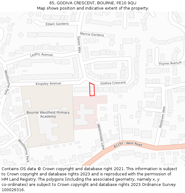 65, GODIVA CRESCENT, BOURNE, PE10 9QU: Location map and indicative extent of plot
