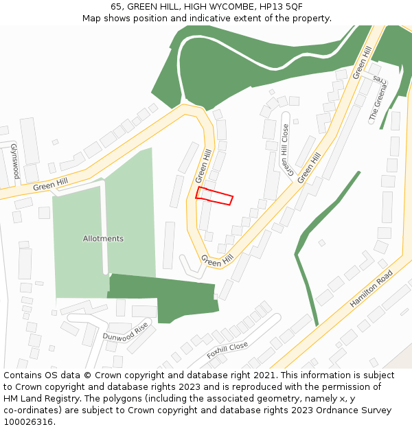 65, GREEN HILL, HIGH WYCOMBE, HP13 5QF: Location map and indicative extent of plot
