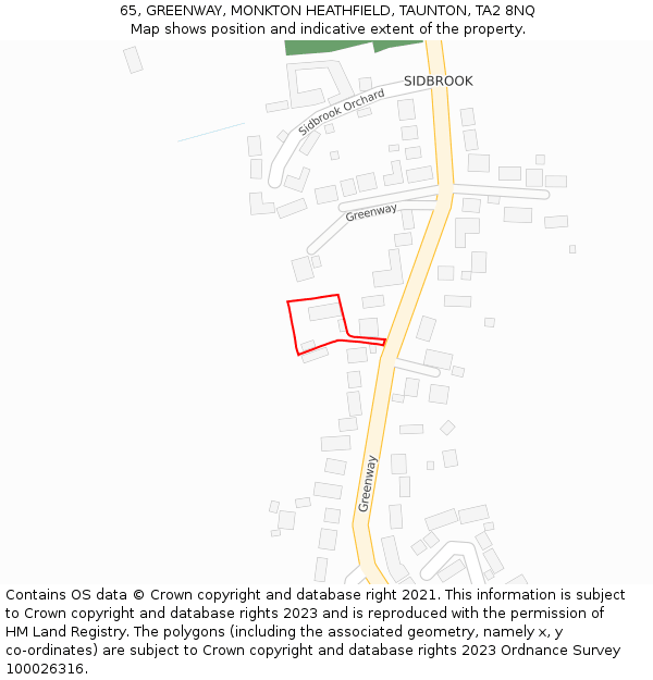 65, GREENWAY, MONKTON HEATHFIELD, TAUNTON, TA2 8NQ: Location map and indicative extent of plot