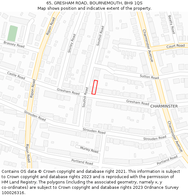65, GRESHAM ROAD, BOURNEMOUTH, BH9 1QS: Location map and indicative extent of plot