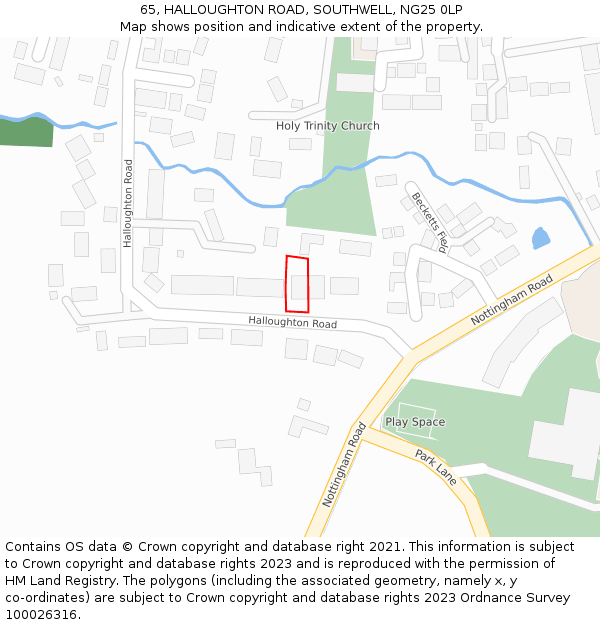 65, HALLOUGHTON ROAD, SOUTHWELL, NG25 0LP: Location map and indicative extent of plot