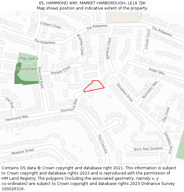 65, HAMMOND WAY, MARKET HARBOROUGH, LE16 7JW: Location map and indicative extent of plot
