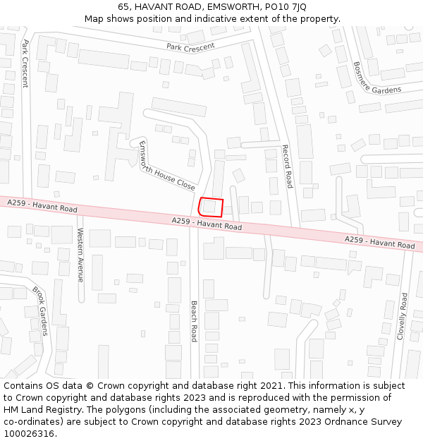 65, HAVANT ROAD, EMSWORTH, PO10 7JQ: Location map and indicative extent of plot