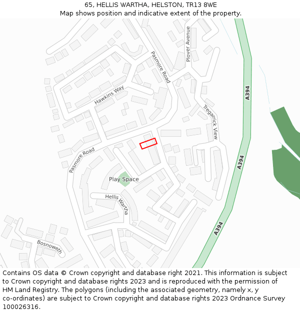 65, HELLIS WARTHA, HELSTON, TR13 8WE: Location map and indicative extent of plot