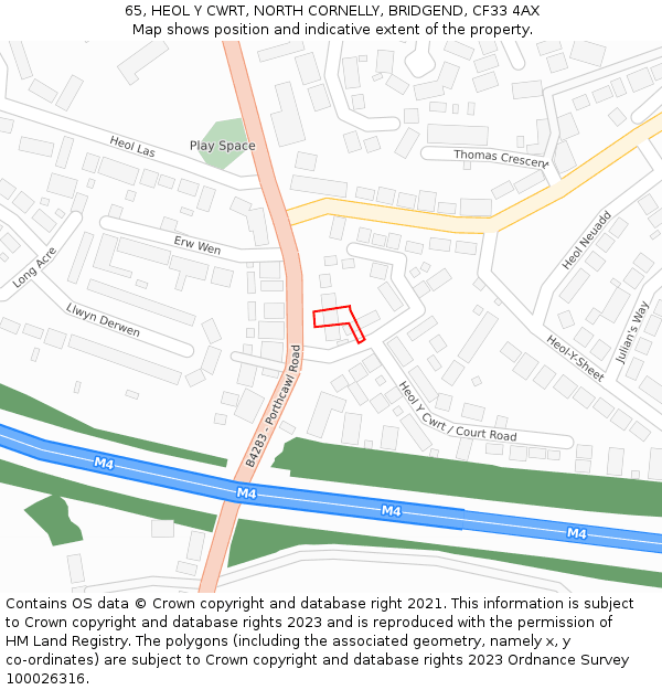 65, HEOL Y CWRT, NORTH CORNELLY, BRIDGEND, CF33 4AX: Location map and indicative extent of plot