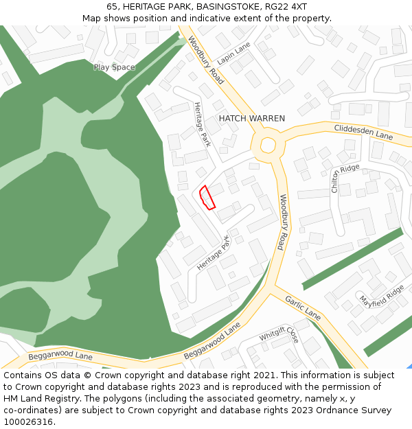 65, HERITAGE PARK, BASINGSTOKE, RG22 4XT: Location map and indicative extent of plot