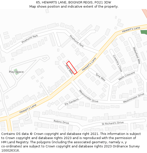 65, HEWARTS LANE, BOGNOR REGIS, PO21 3DW: Location map and indicative extent of plot