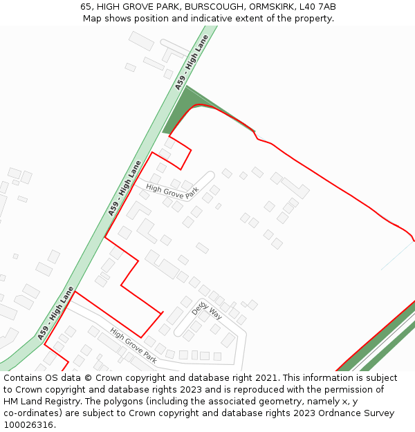 65, HIGH GROVE PARK, BURSCOUGH, ORMSKIRK, L40 7AB: Location map and indicative extent of plot