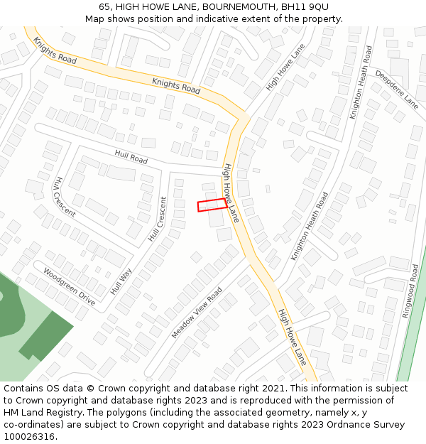 65, HIGH HOWE LANE, BOURNEMOUTH, BH11 9QU: Location map and indicative extent of plot