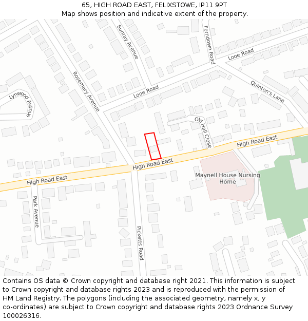 65, HIGH ROAD EAST, FELIXSTOWE, IP11 9PT: Location map and indicative extent of plot