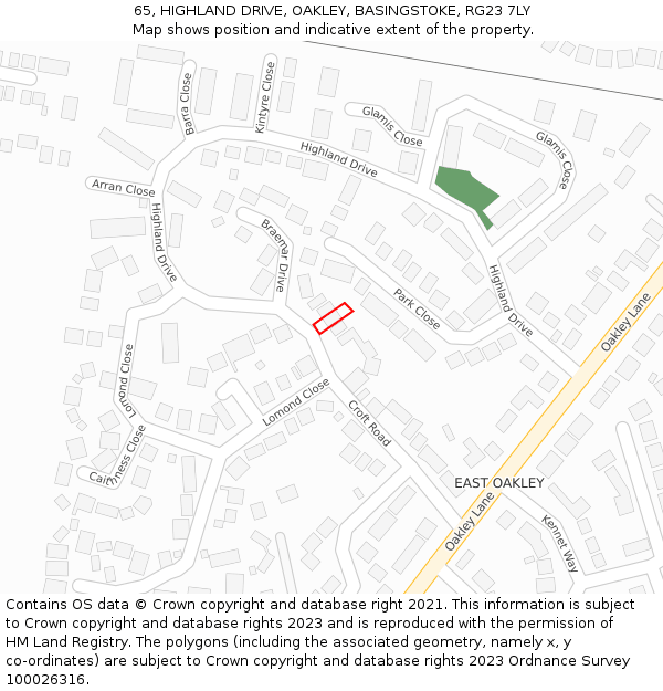 65, HIGHLAND DRIVE, OAKLEY, BASINGSTOKE, RG23 7LY: Location map and indicative extent of plot