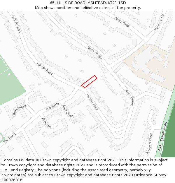65, HILLSIDE ROAD, ASHTEAD, KT21 1SD: Location map and indicative extent of plot