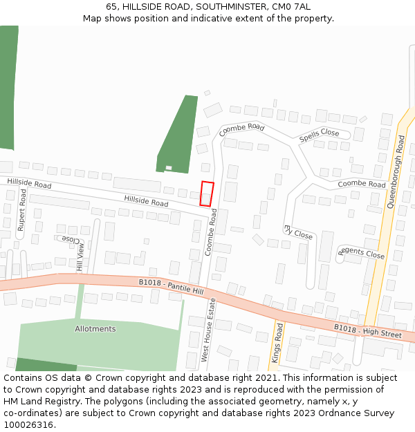 65, HILLSIDE ROAD, SOUTHMINSTER, CM0 7AL: Location map and indicative extent of plot