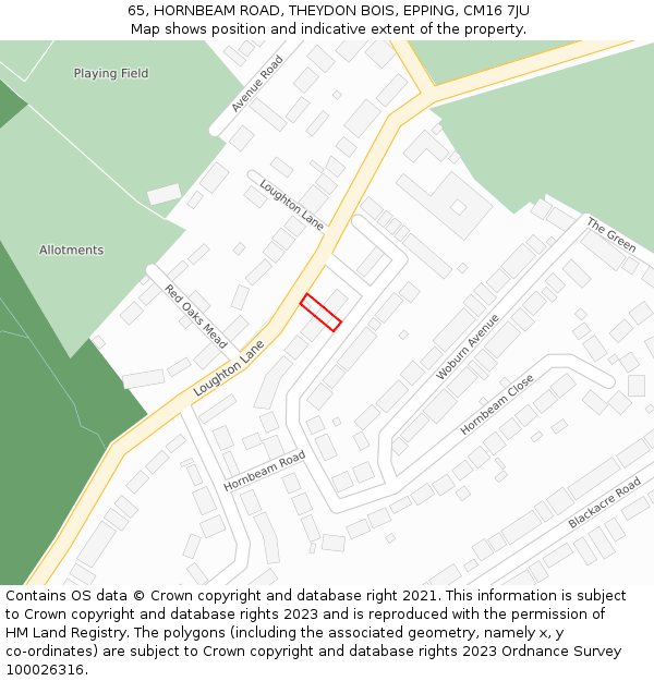 65, HORNBEAM ROAD, THEYDON BOIS, EPPING, CM16 7JU: Location map and indicative extent of plot