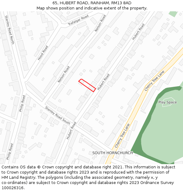 65, HUBERT ROAD, RAINHAM, RM13 8AD: Location map and indicative extent of plot