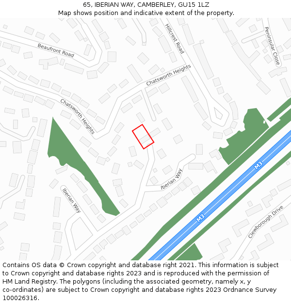 65, IBERIAN WAY, CAMBERLEY, GU15 1LZ: Location map and indicative extent of plot