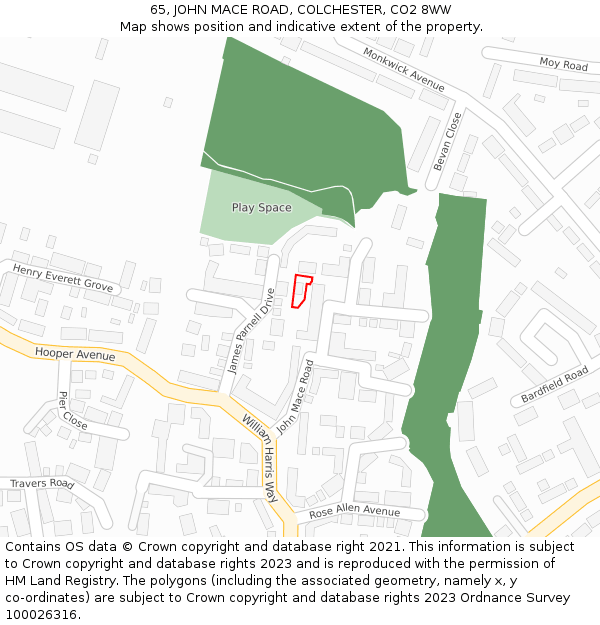 65, JOHN MACE ROAD, COLCHESTER, CO2 8WW: Location map and indicative extent of plot