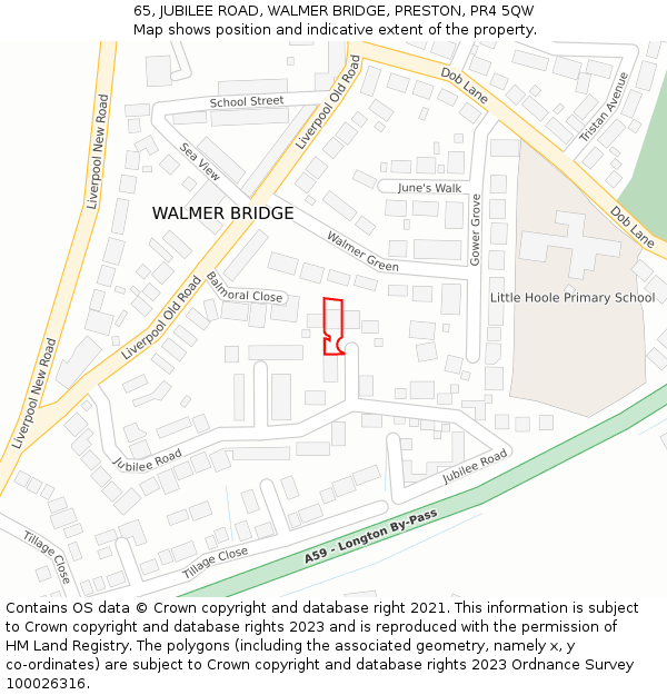 65, JUBILEE ROAD, WALMER BRIDGE, PRESTON, PR4 5QW: Location map and indicative extent of plot