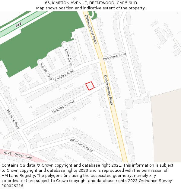 65, KIMPTON AVENUE, BRENTWOOD, CM15 9HB: Location map and indicative extent of plot