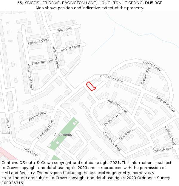 65, KINGFISHER DRIVE, EASINGTON LANE, HOUGHTON LE SPRING, DH5 0GE: Location map and indicative extent of plot