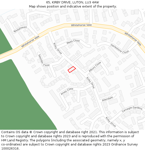 65, KIRBY DRIVE, LUTON, LU3 4AW: Location map and indicative extent of plot