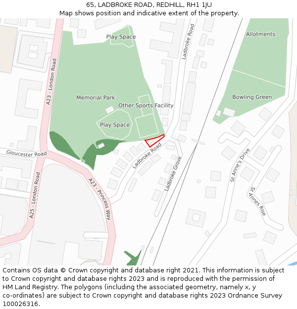 65, LADBROKE ROAD, REDHILL, RH1 1JU: Location map and indicative extent of plot