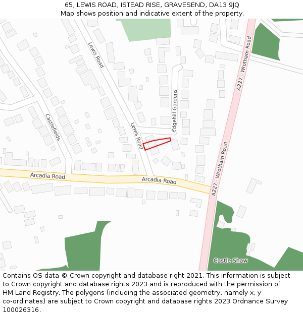 65, LEWIS ROAD, ISTEAD RISE, GRAVESEND, DA13 9JQ: Location map and indicative extent of plot
