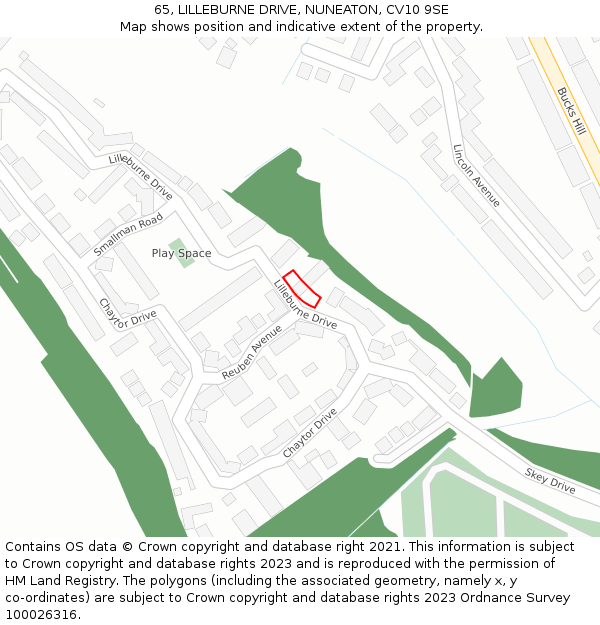65, LILLEBURNE DRIVE, NUNEATON, CV10 9SE: Location map and indicative extent of plot
