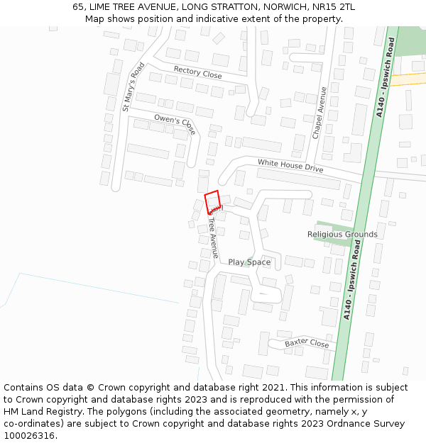 65, LIME TREE AVENUE, LONG STRATTON, NORWICH, NR15 2TL: Location map and indicative extent of plot