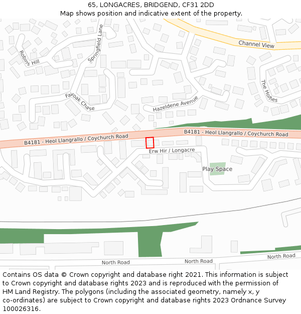 65, LONGACRES, BRIDGEND, CF31 2DD: Location map and indicative extent of plot