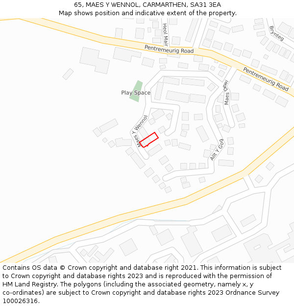 65, MAES Y WENNOL, CARMARTHEN, SA31 3EA: Location map and indicative extent of plot