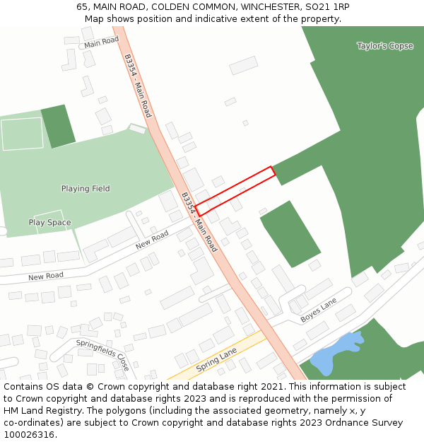 65, MAIN ROAD, COLDEN COMMON, WINCHESTER, SO21 1RP: Location map and indicative extent of plot