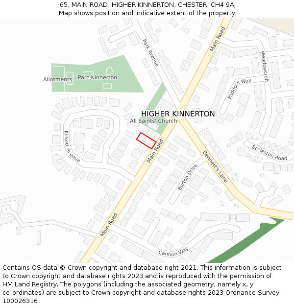 65, MAIN ROAD, HIGHER KINNERTON, CHESTER, CH4 9AJ: Location map and indicative extent of plot