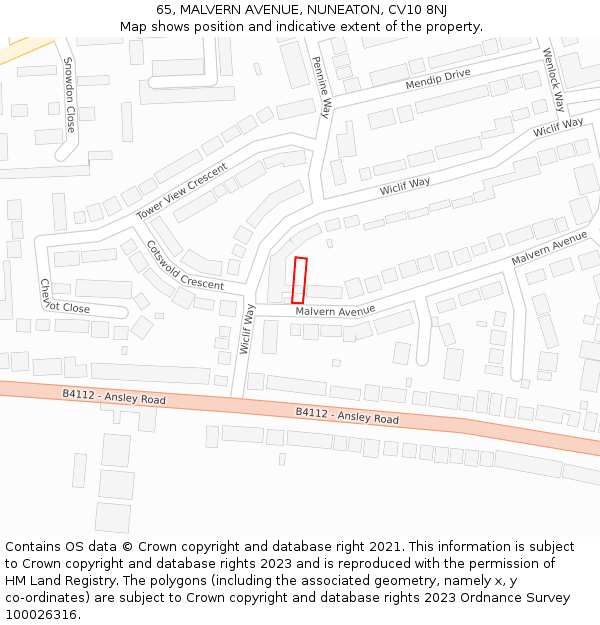 65, MALVERN AVENUE, NUNEATON, CV10 8NJ: Location map and indicative extent of plot