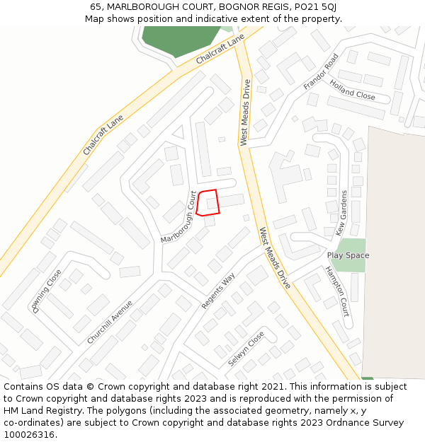 65, MARLBOROUGH COURT, BOGNOR REGIS, PO21 5QJ: Location map and indicative extent of plot